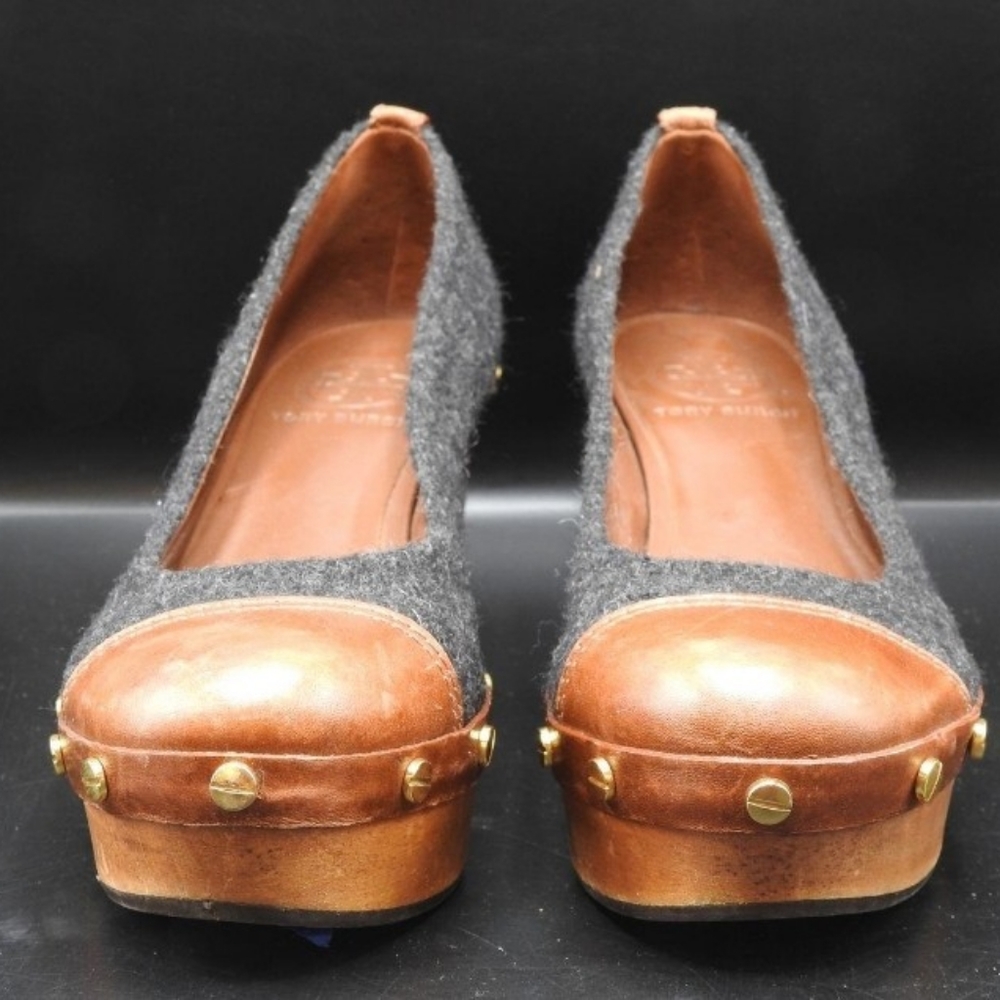 RARE  Tory Burch Wood, Wool, & Leather Platform Wedges Size 6